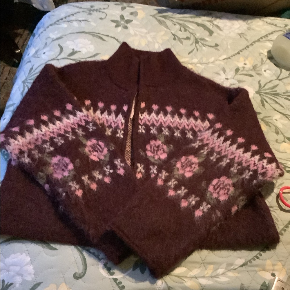 wild fable Maroon Zip-Up Fair Isle Cardigan with Pink Accents